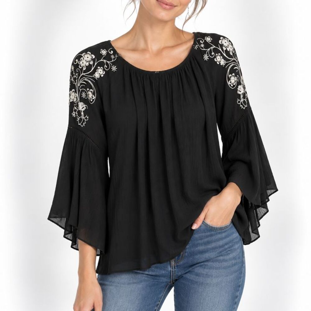 Cowgirl Hardware Black Floral Embroidered Bell Sleeve Western Boho Top M